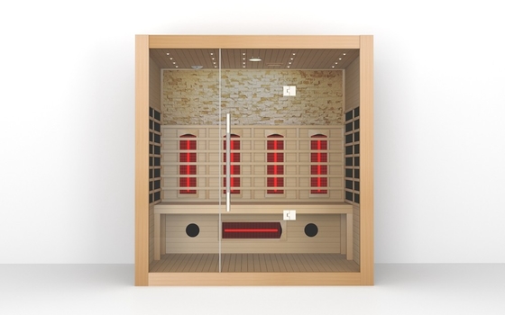Madeira maciça Sauna infravermelha para 4 pessoas Sauna de madeira seca de infravermelho com porta