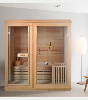 Sala de sauna de vapor tradicional de interior seco com fogão e pedra