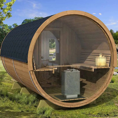 Vista panorâmica Madeira maciça Barril de vapor ao ar livre Sauna aquece rapidamente