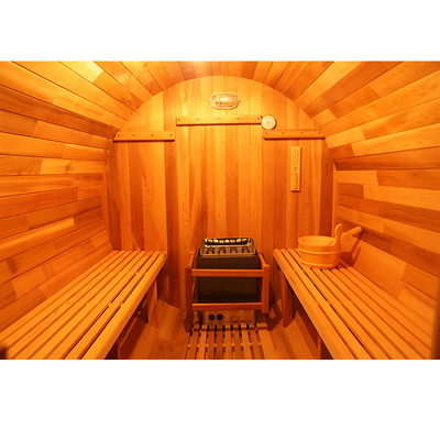 Sauna de barril de madeira de cedro vermelho canadense Barril de sauna de madeira com aquecedor de 6 kW Porta de vidro temperado de 8 mm
