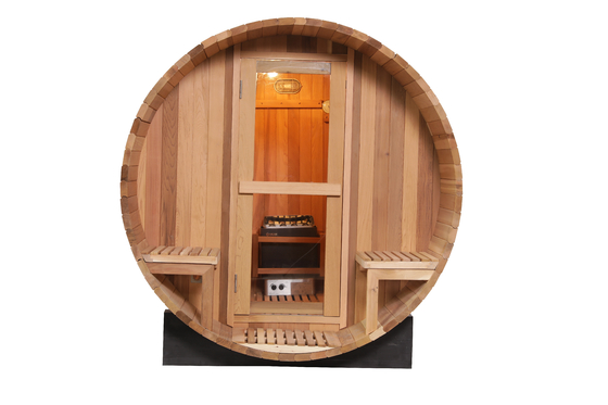Sauna de barril de madeira de cedro vermelho canadense Barril de sauna de madeira com aquecedor de 6 kW Porta de vidro temperado de 8 mm